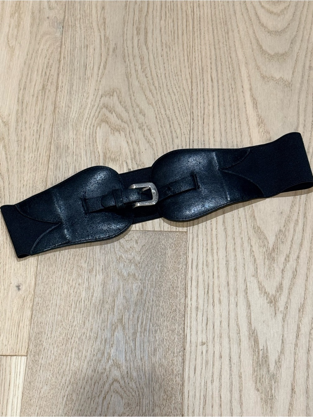 French Connection Black Wide Elastic Waist Belt with Silver Buckle